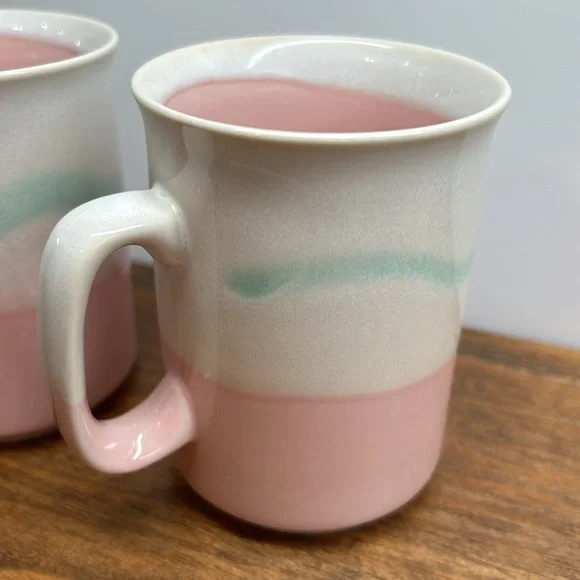 Vintage 80’s Stoneware Mugs Set Of Two Pink Mint Green & Cream In Colour - Picture 10 of 11
